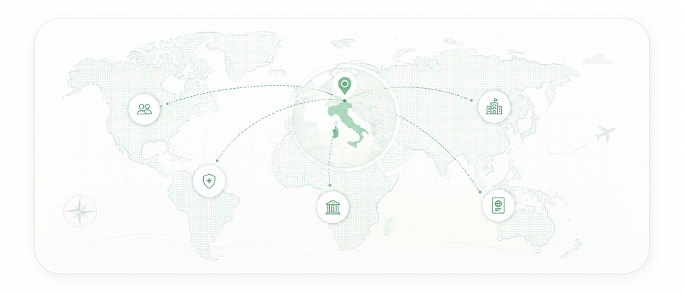 Illustrated map of countries and Italian communities worldwide
